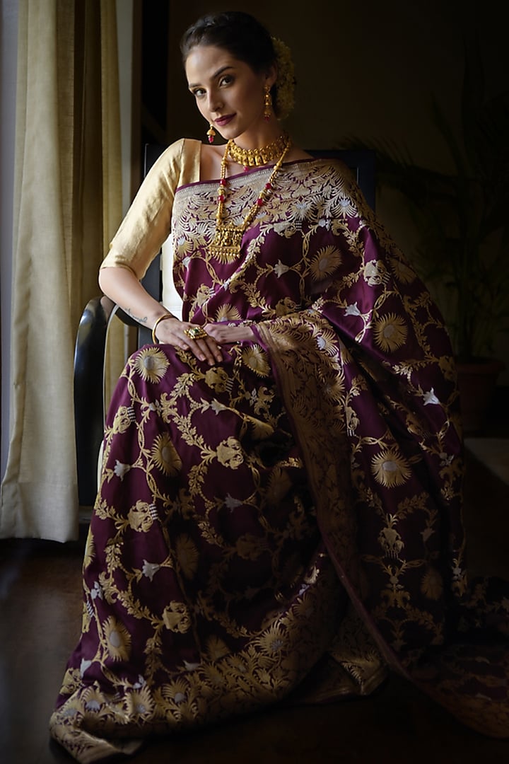 Purple Zari Embroidered Saree Set by Talking Threads