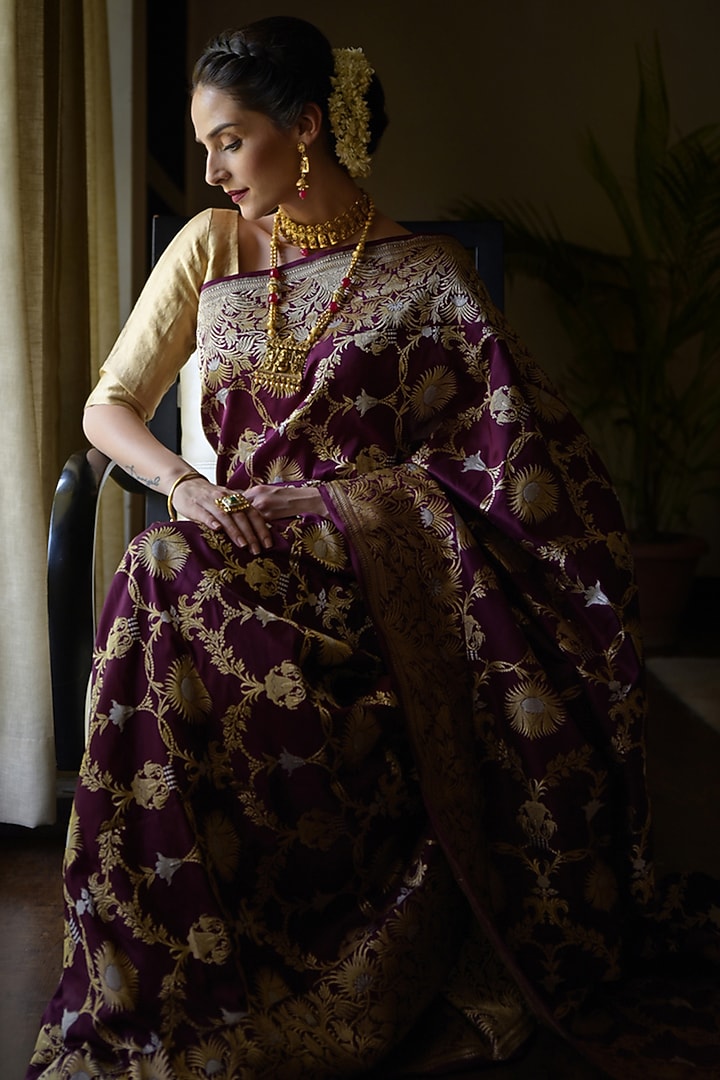 Purple Zari Embroidered Reception Saree Set by Talking Threads at Pernia's Pop Up Shop