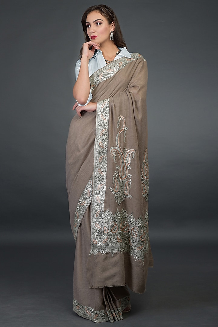 Beige Embroidered Saree Set by Talking Threads