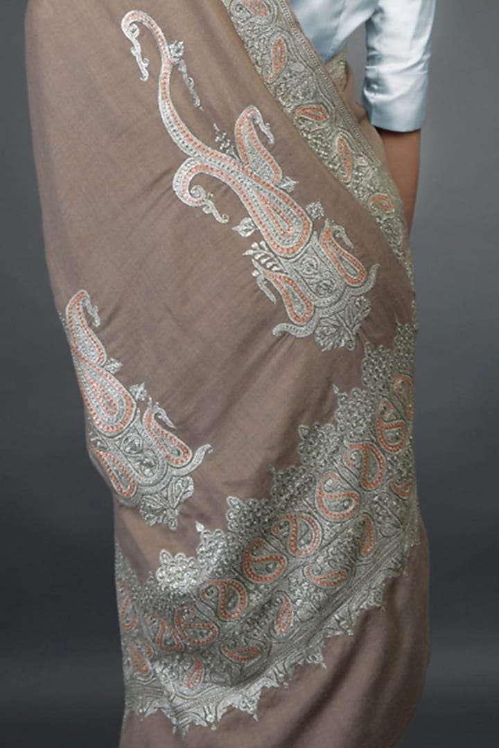 Beige Embroidered Bridal Saree Set by Talking Threads at Pernia's Pop Up Shop