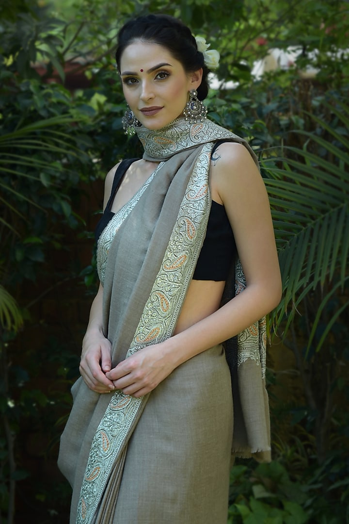 Beige Embroidered Bridal Saree Set by Talking Threads at Pernia's Pop Up Shop