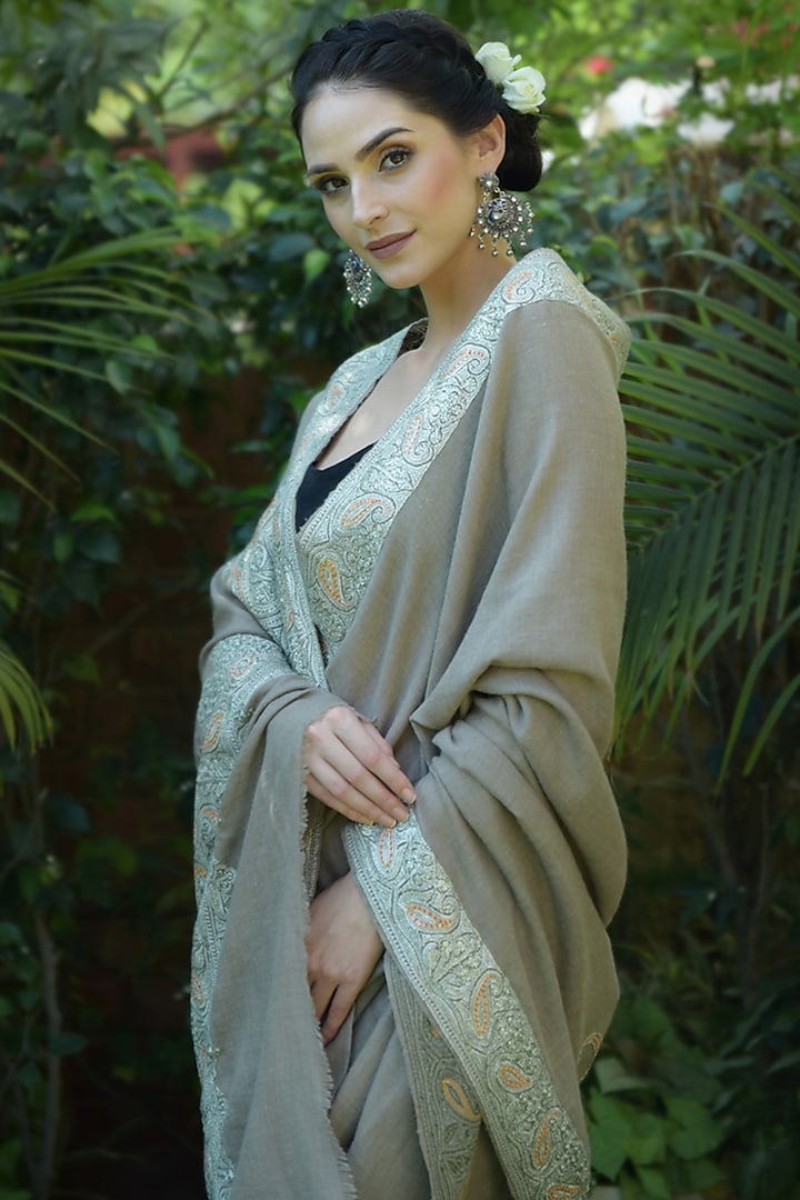 Beige Embroidered Bridal Saree Set by Talking Threads at Pernia's Pop Up Shop