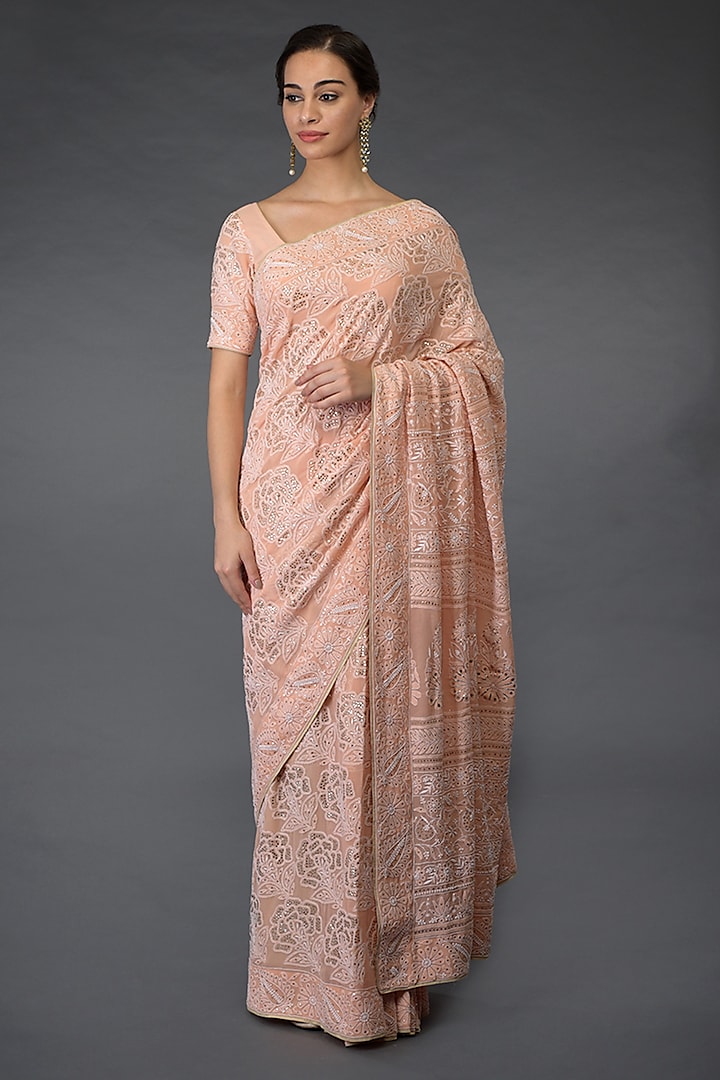 Peach Hand Embroidered Saree Set by Talking Threads