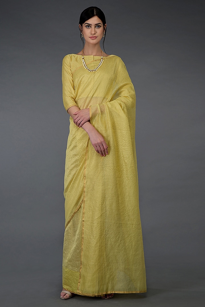Lemon Yellow Embroidered Saree Set by Talking Threads