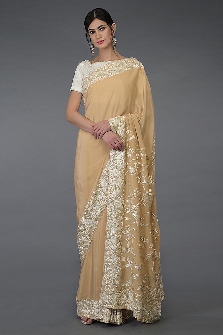 Beige Hand Embroidered Saree Set by Talking Threads at Pernia's Pop Up Shop