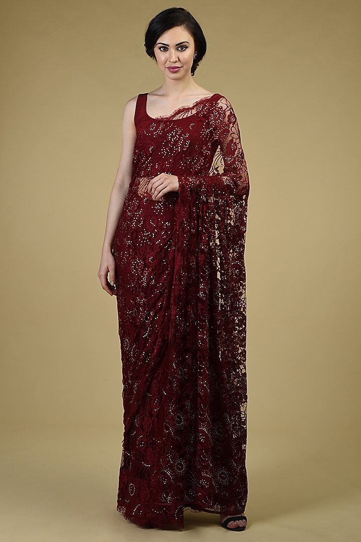 Burgundy Floral Embroidered Saree Set by Talking Threads