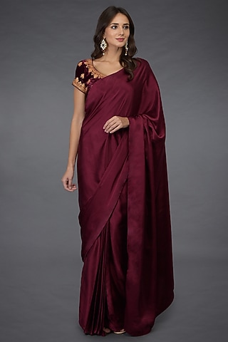 Burgundy Zari Embroidered Saree Set by Talking Threads