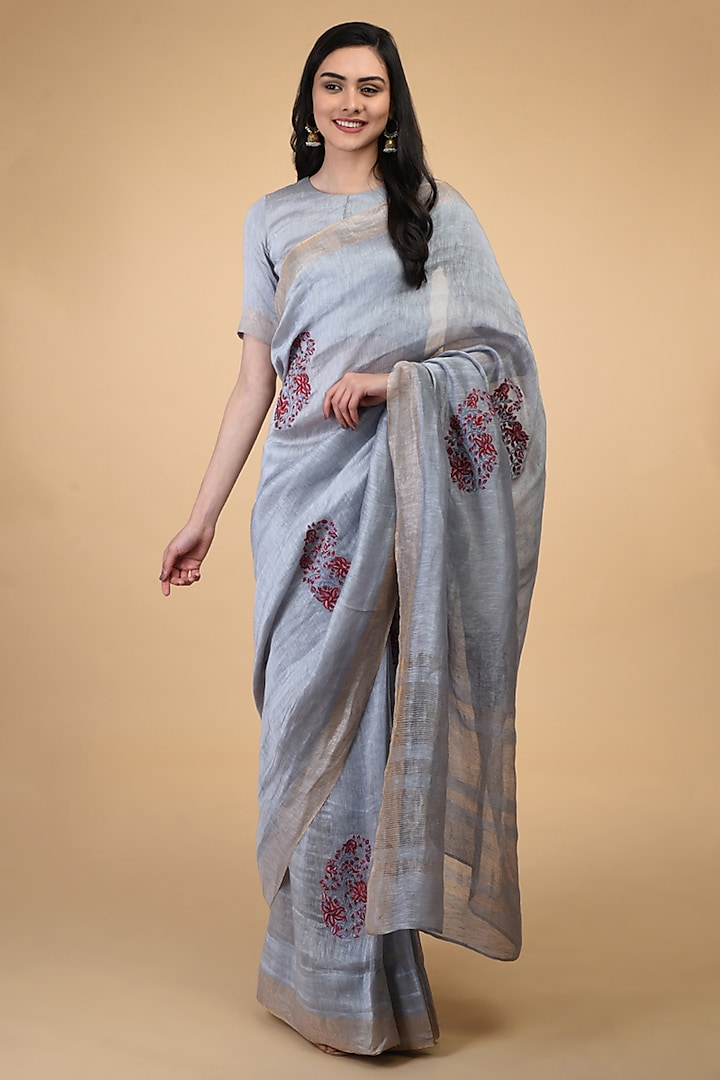 Dove Grey Thread Embroidered Saree Set by Talking Threads