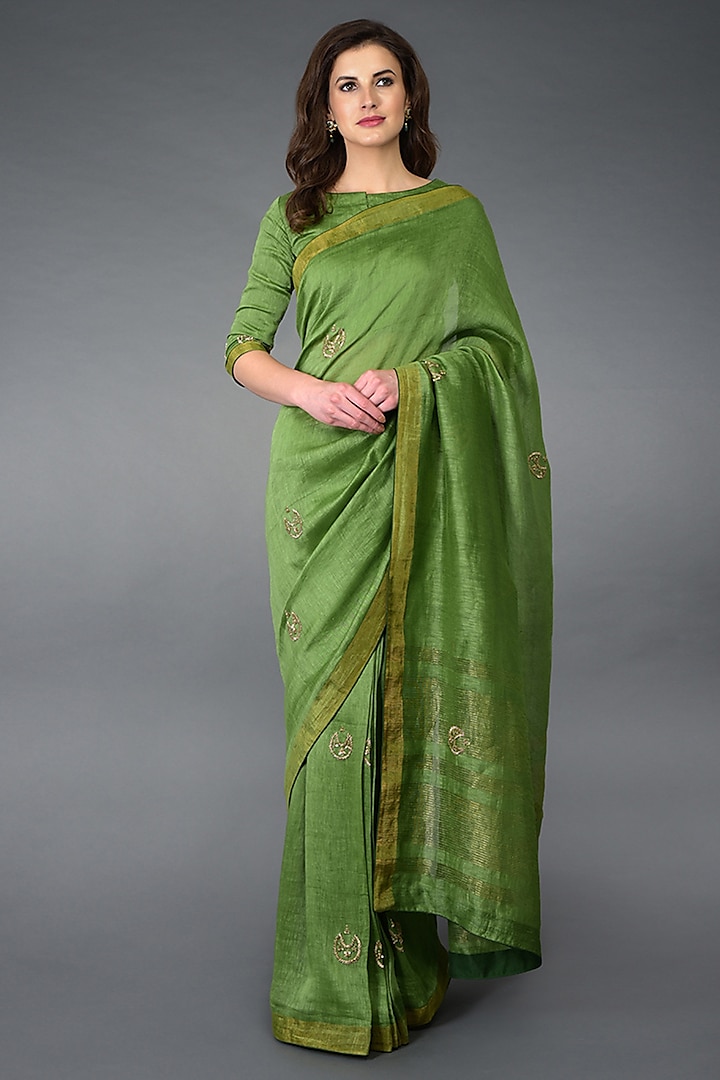 Green Zardosi Embroidered Saree Set by Talking Threads