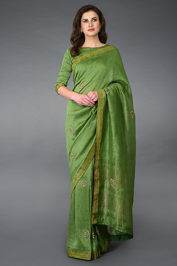 Green Zardosi Embroidered Party Wear Saree Set by Talking Threads at Pernia's Pop Up Shop