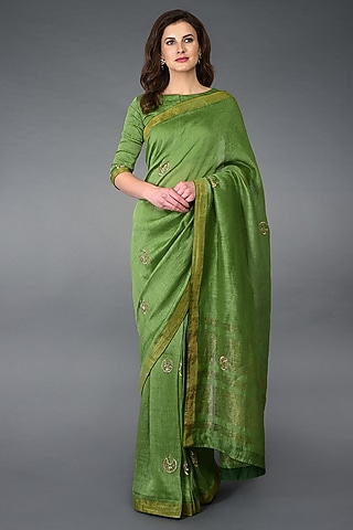 Green Zardosi Embroidered Saree Set by Talking Threads