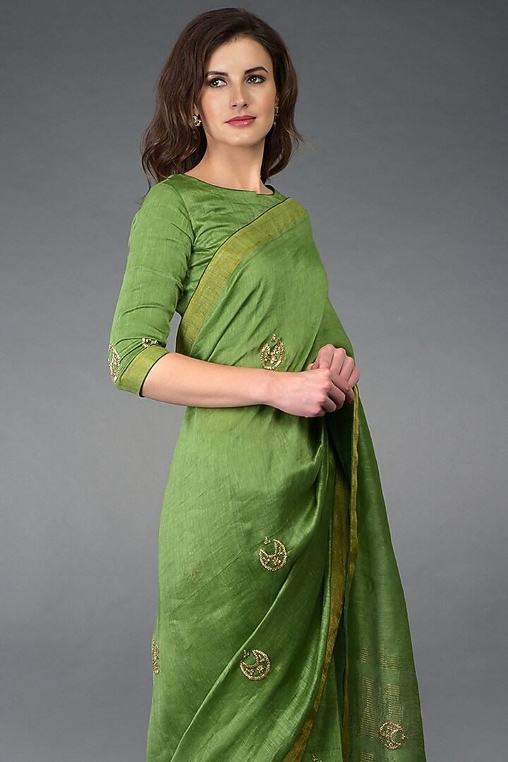 Green Zardosi Embroidered Party Wear Saree Set by Talking Threads at Pernia's Pop Up Shop