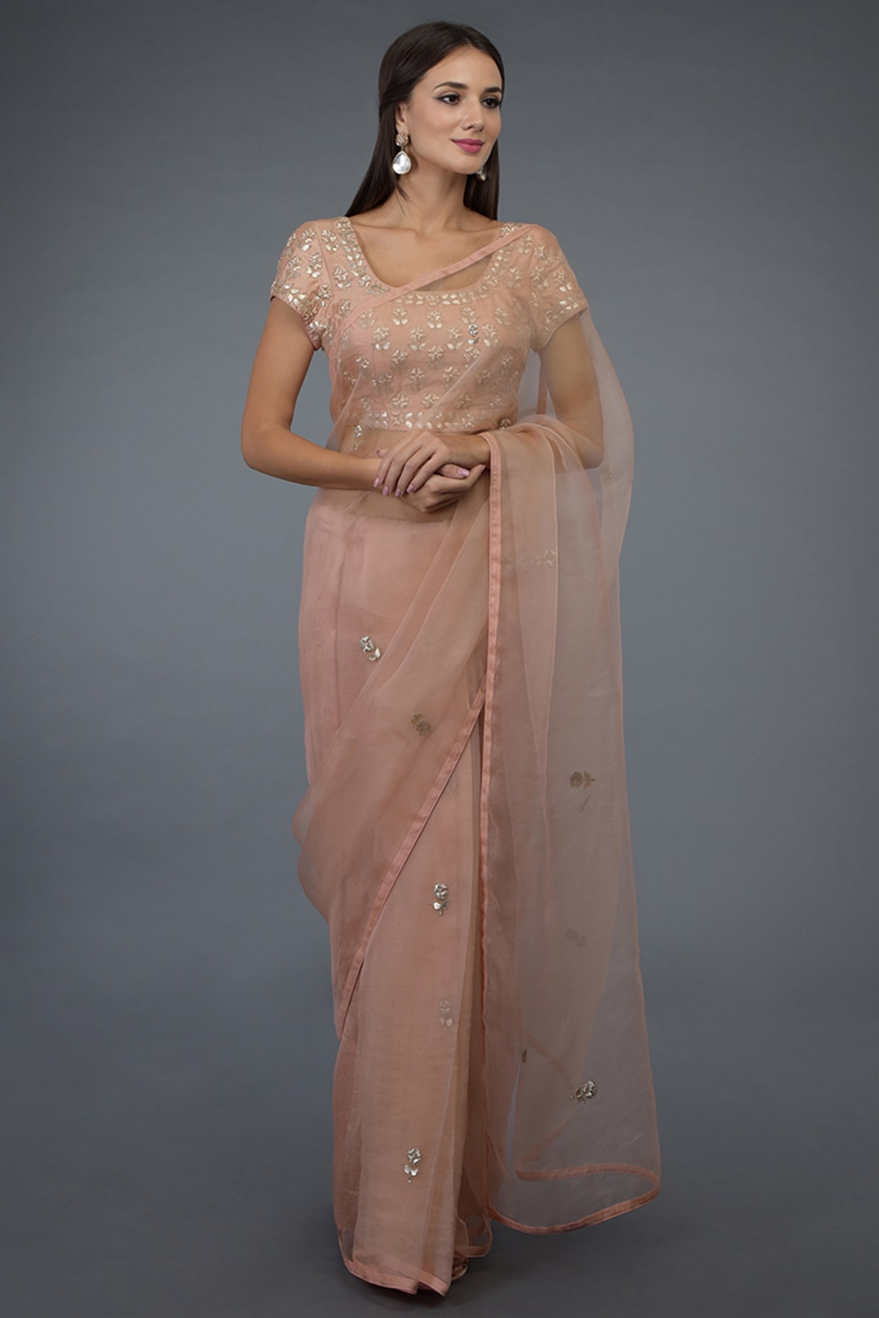 Tomato Pink Red Bandhani on Organza Saree with Gota Patti – Naina Jain