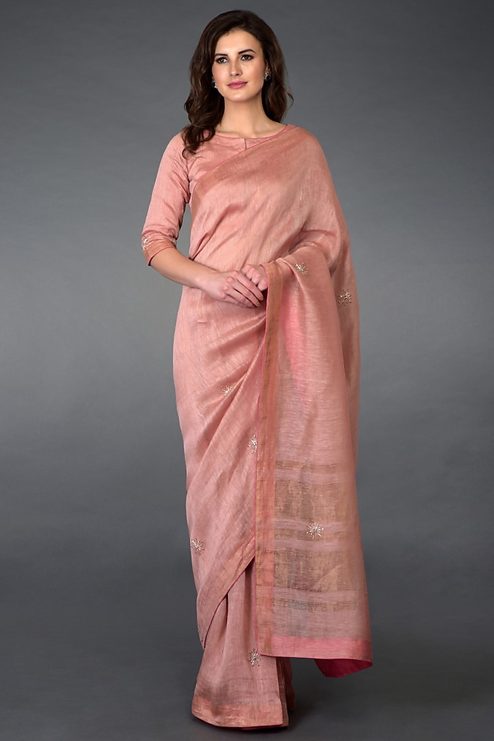 Rose Pink Zardosi Embroidered Saree Set by Talking Threads