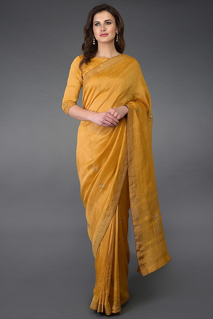 Citrus Orange Hand Embroidered Reception Saree Set by Talking Threads at Pernia's Pop Up Shop