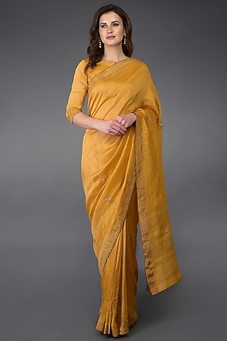 Citrus Orange Hand Embroidered Saree Set by Talking Threads