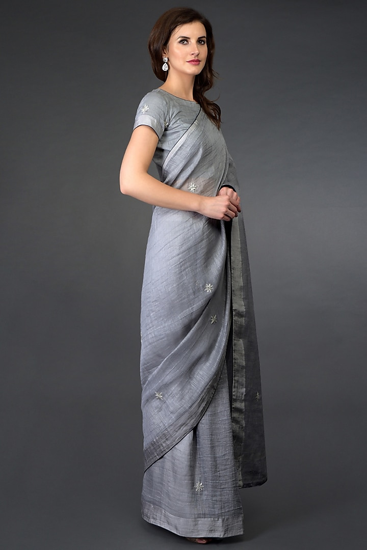 Grey Zardosi Embroidered Saree Set by Talking Threads