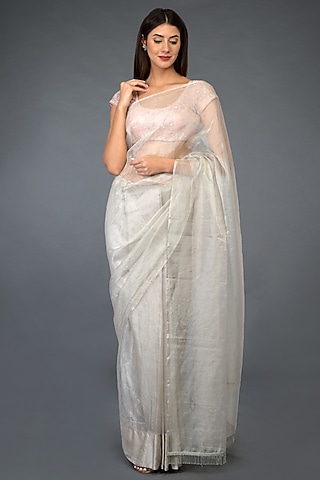 Silver Zardosi Embroidered Saree Set by Talking Threads