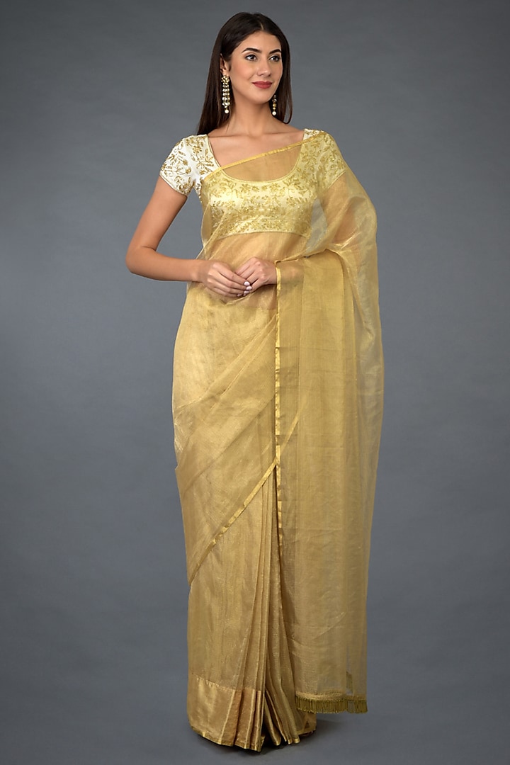 Gold Floral Hand Embroidered Saree Set by Talking Threads