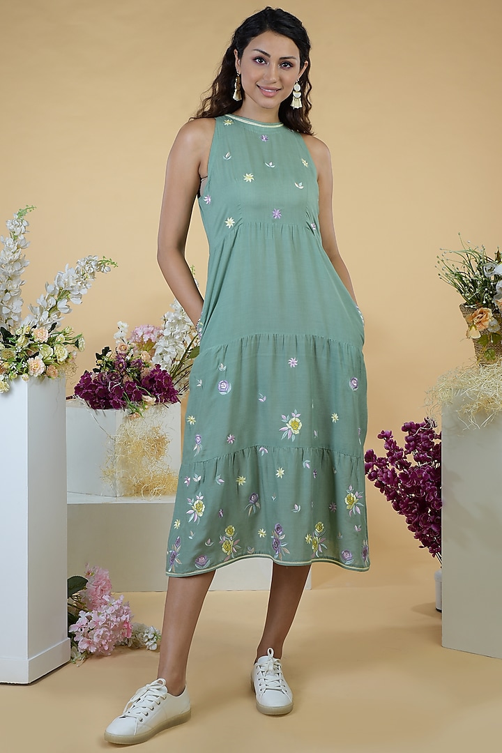 Green Embroidered Tiered Dress by Talking Threads