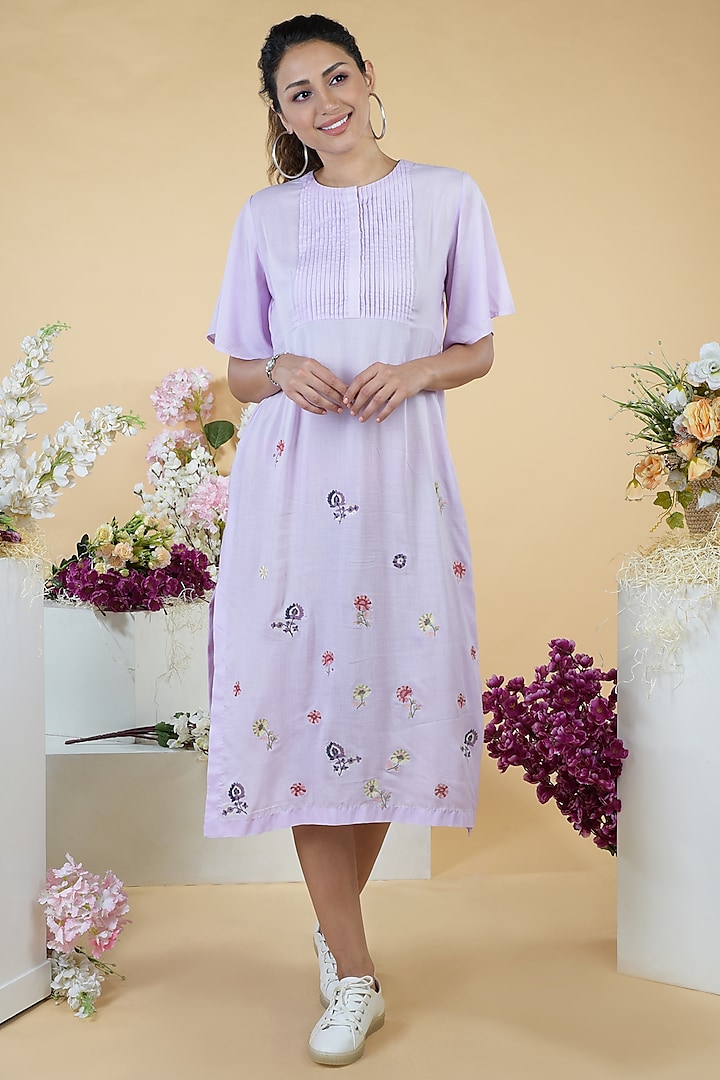 Lavender Embroidered Slit Dress by Talking Threads
