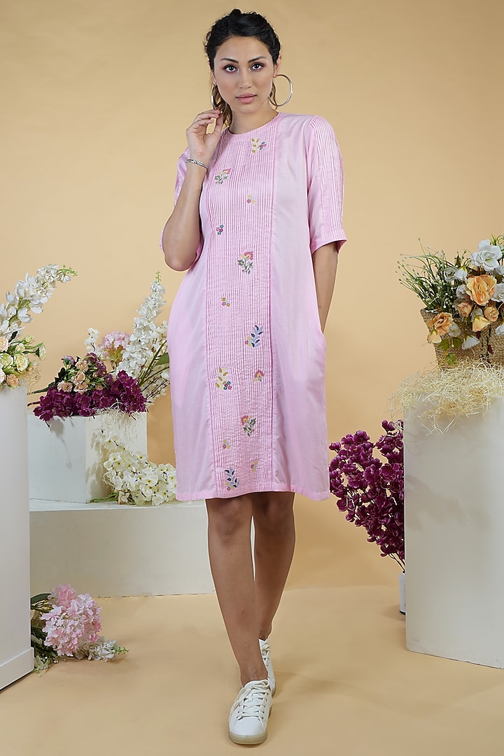 Pink Embroidered Shift Dress by Talking Threads