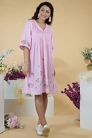 Pink Embroidered Flared Dress by Talking Threads