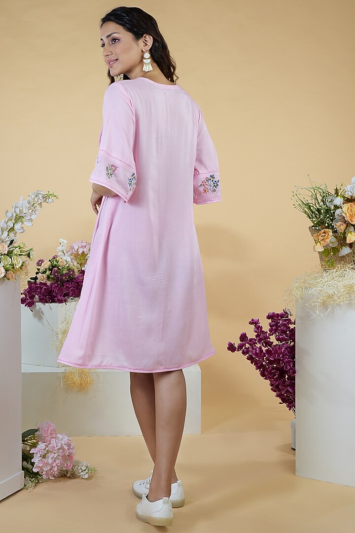 Pink Embroidered Flared Summer Dress by Talking Threads at Pernia's Pop Up Shop