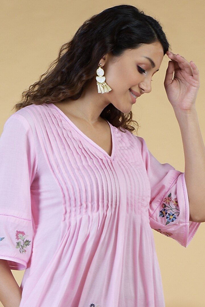 Pink Embroidered Flared Summer Dress by Talking Threads at Pernia's Pop Up Shop