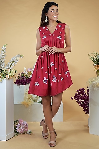 Spice Cherry Embroidered Asymmetrical Dress by Talking Threads