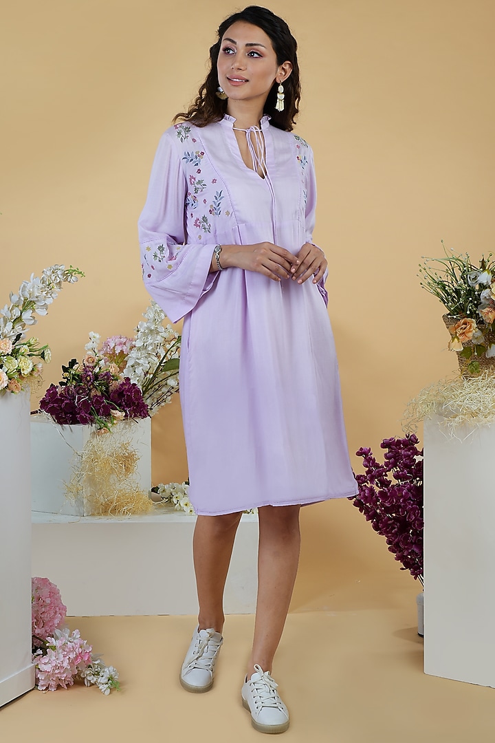 Lavender Embroidered A-line Dress by Talking Threads