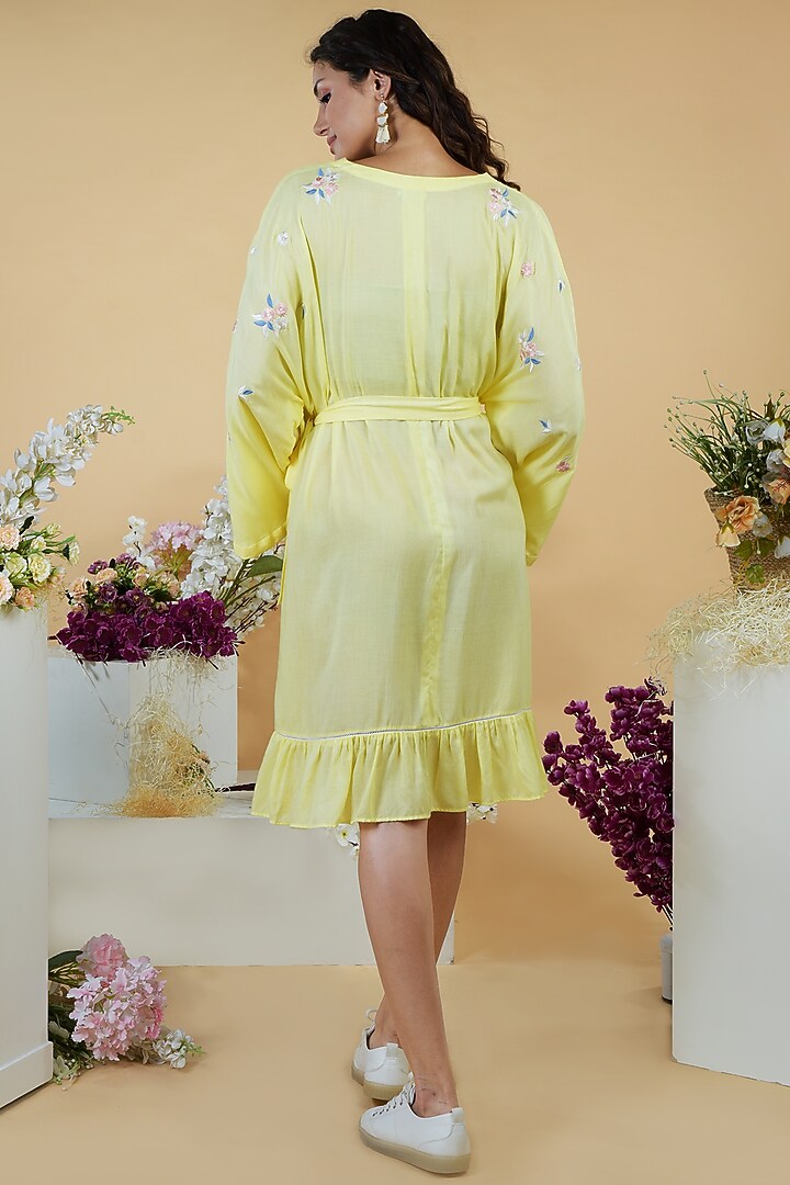 Charming Yellow Embroidered Mini Wrap Summer Dress by Talking Threads at Pernia's Pop Up Shop