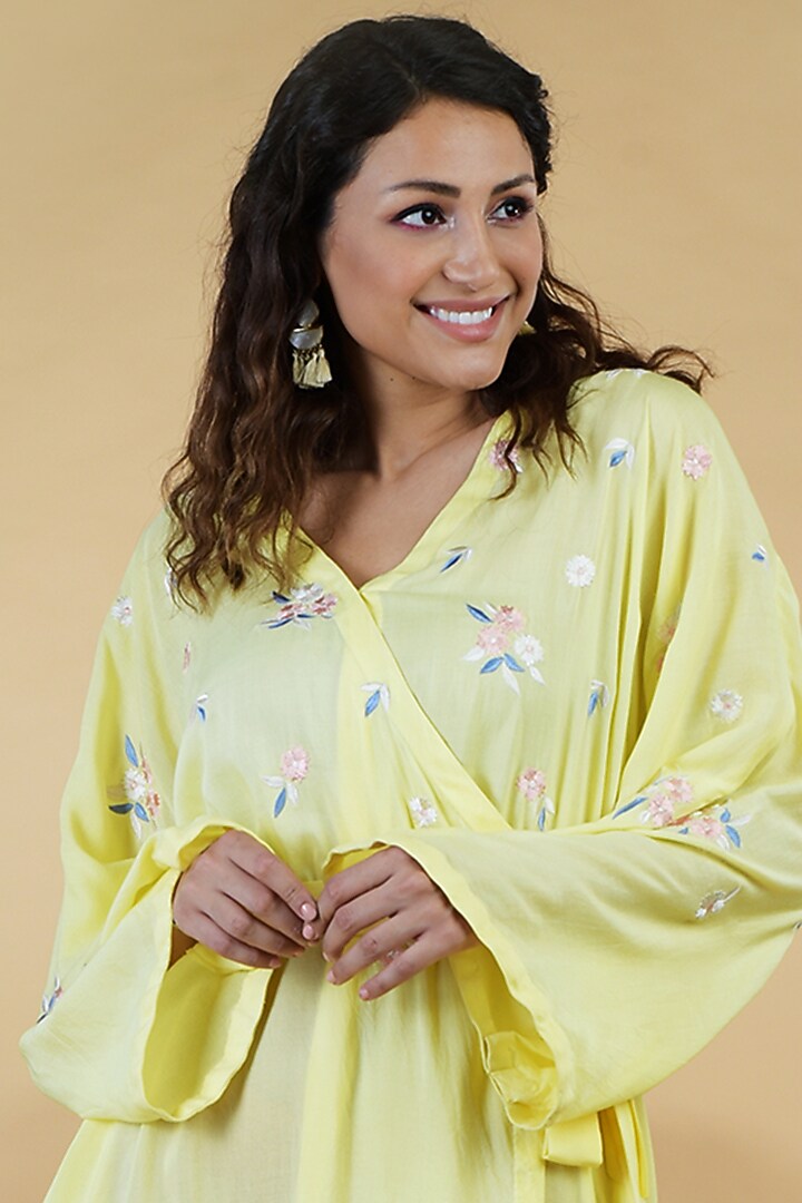 Charming Yellow Embroidered Mini Wrap Summer Dress by Talking Threads at Pernia's Pop Up Shop