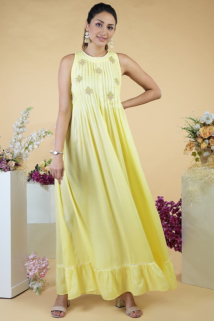 Charming Yellow Embroidered Maxi Dress by Talking Threads