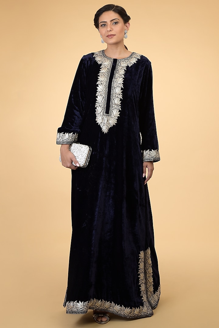 Midnight Blue Embroidered Kaftan by Talking Threads