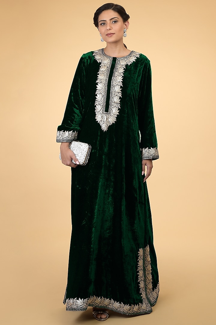 Emerald Green Embroidered Kaftan by Talking Threads