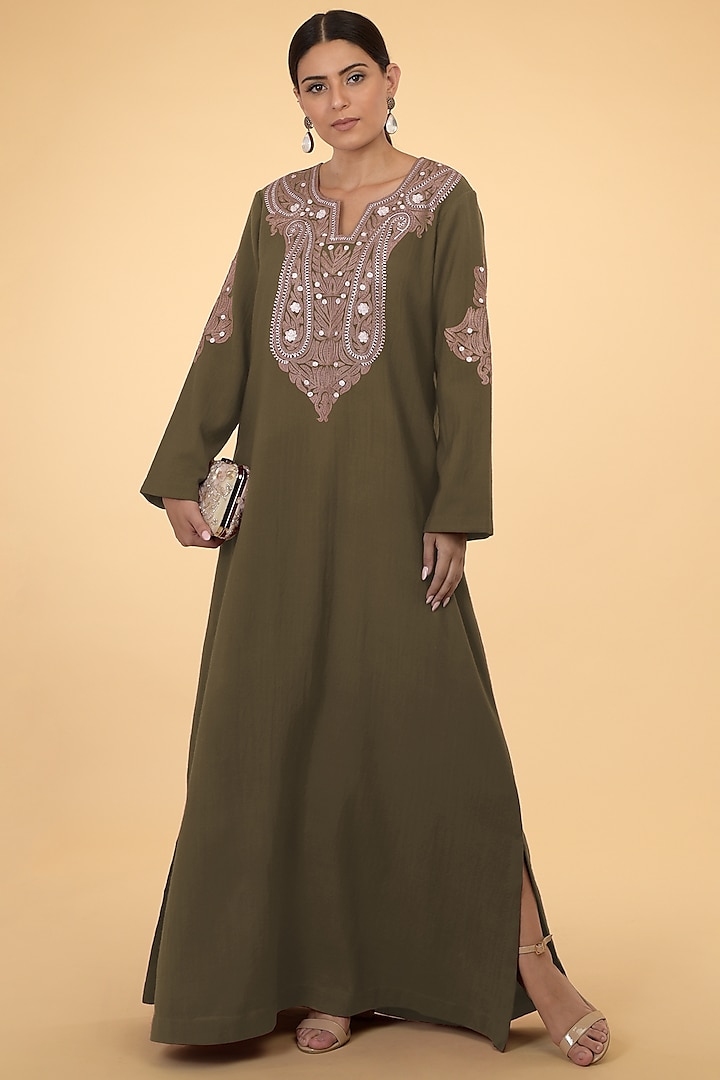 Olive Green Embroidered Kaftan by Talking Threads
