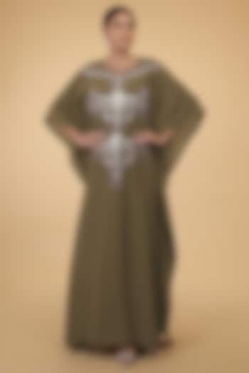 Olive Green Silver Embroidered Kaftan by Talking Threads at Pernia's Pop Up Shop