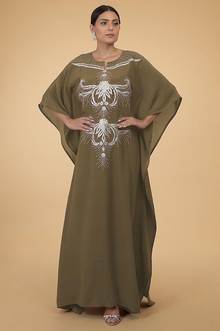 Olive Green Silver Embroidered Kaftan by Talking Threads