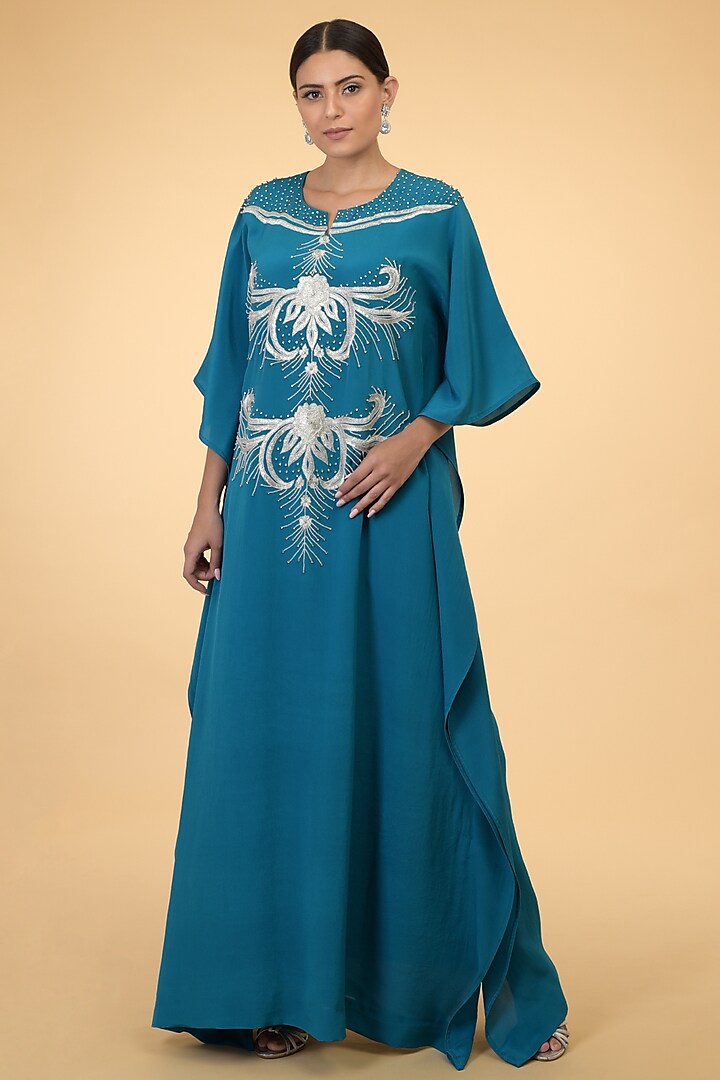 Teal Silver Embroidered Kaftan by Talking Threads