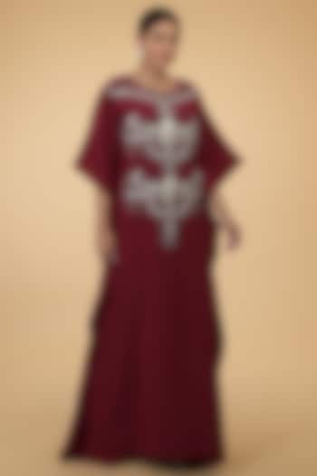 Burgundy Silver Embroidered Kaftan by Talking Threads