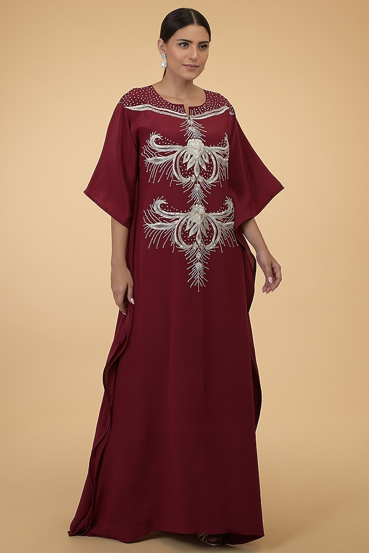 Burgundy Silver Embroidered Kaftan by Talking Threads