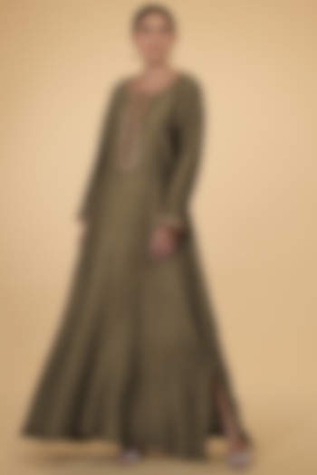 Olive Green Sequins Embroidered Kaftan by Talking Threads