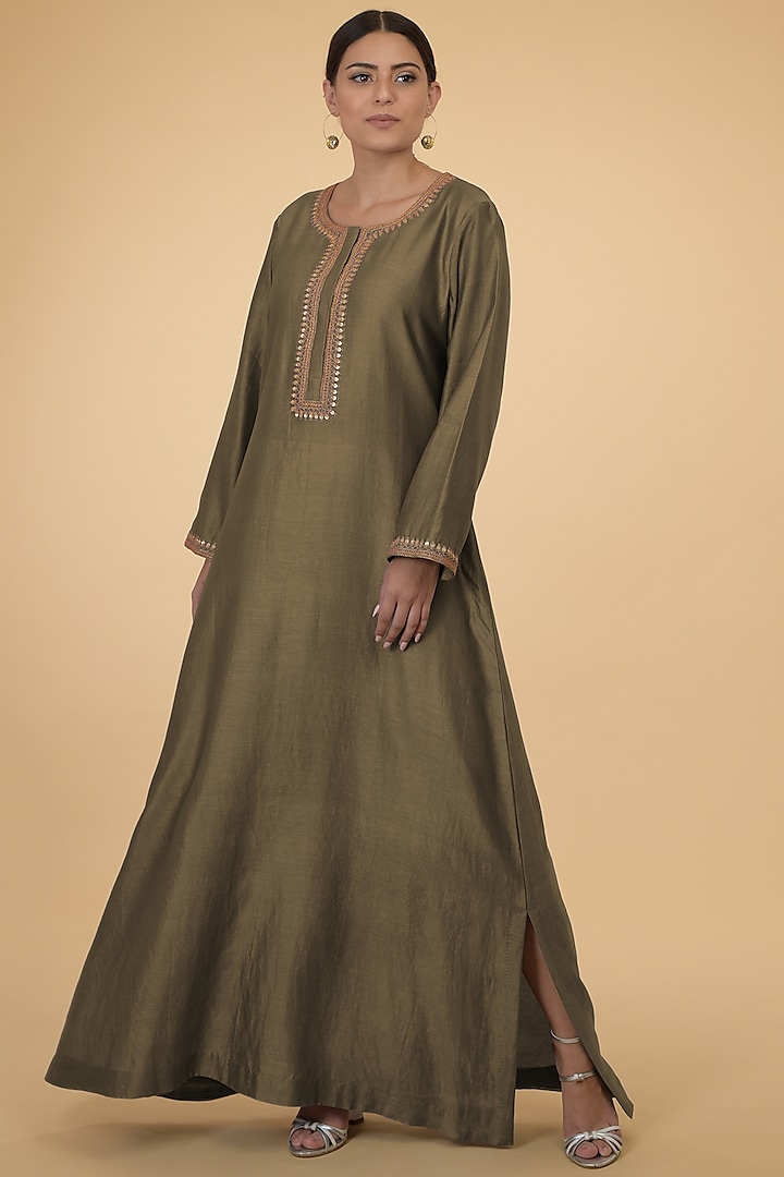 Olive Green Sequins Embroidered Kaftan by Talking Threads