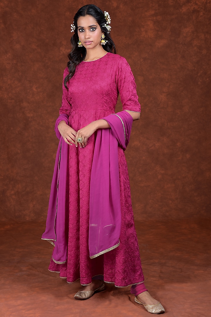 Hot Pink Embroidered Anarkali Set by Talking Threads