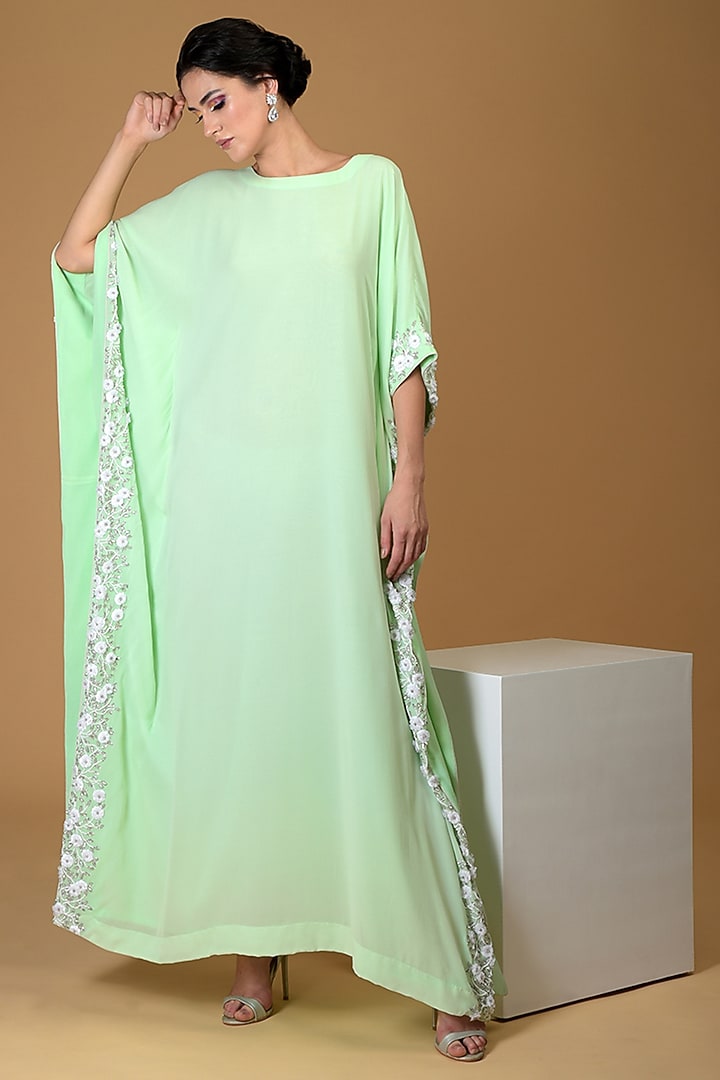 Mint Green Embroidered Kaftan Draped Party Wear Dress by Talking Threads at Pernia's Pop Up Shop