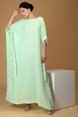 Mint Green Embroidered Kaftan Draped Dress by Talking Threads