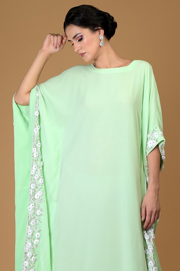 Mint Green Embroidered Kaftan Draped Party Wear Dress by Talking Threads at Pernia's Pop Up Shop