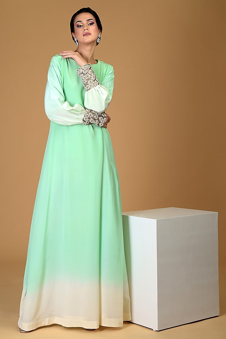 Sage Green Embroidered Gown by Talking Threads