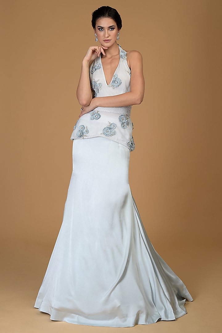 Powder Blue Embroidered Peplum Gown by Talking Threads